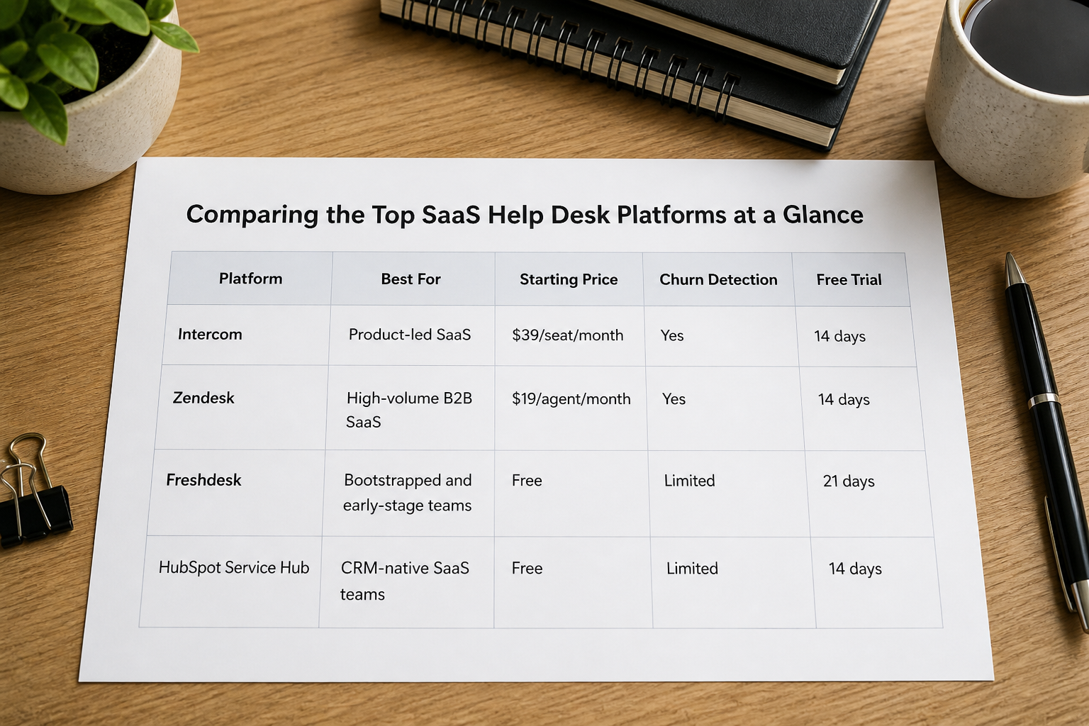 SaaS help desk comparison table on a desk
