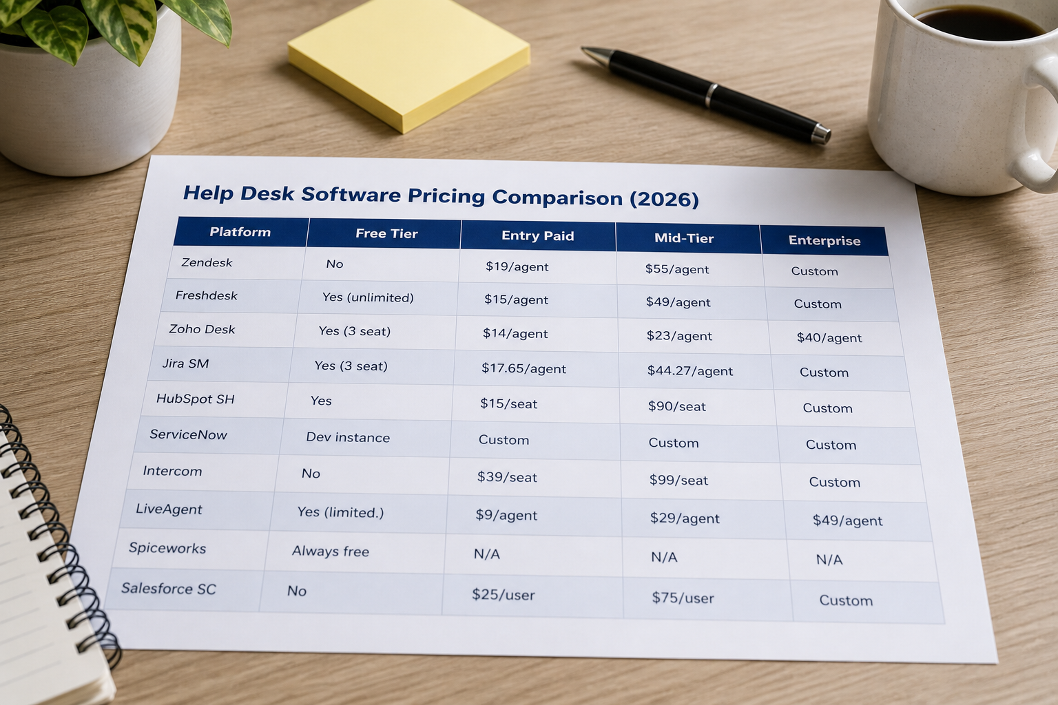 Help desk software pricing comparison table on desk