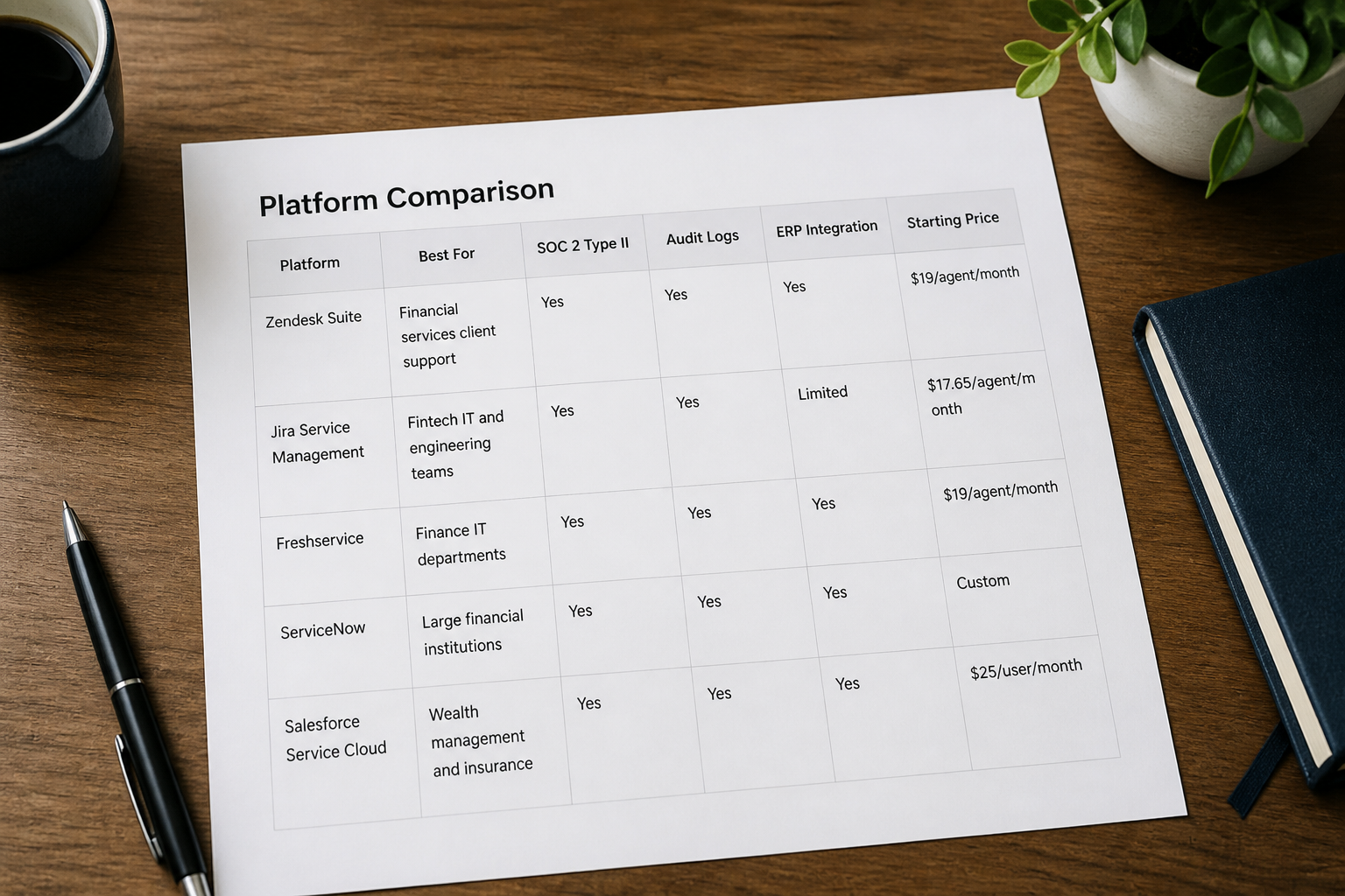Financial services help desk software comparison table