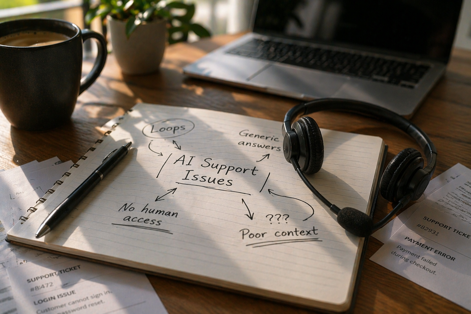 Notebook showing “AI Support Issues” with problems like loops, generic answers, no human access, and poor context in a customer support workspace