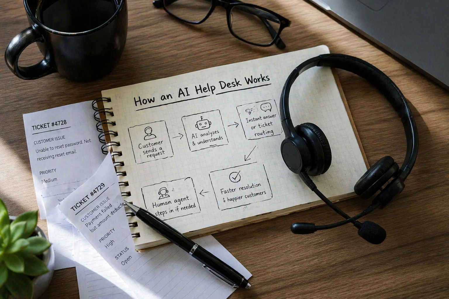 Notebook showing “How an AI Help Desk Works” flow diagram with headset, support tickets, and desk setup in a customer support workspace