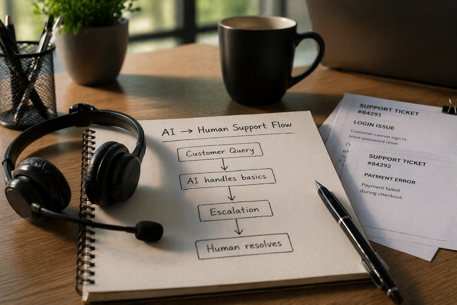 Office desk with notebook showing “AI → Human Support Flow” diagram, headset, and support tickets in a customer support workspace