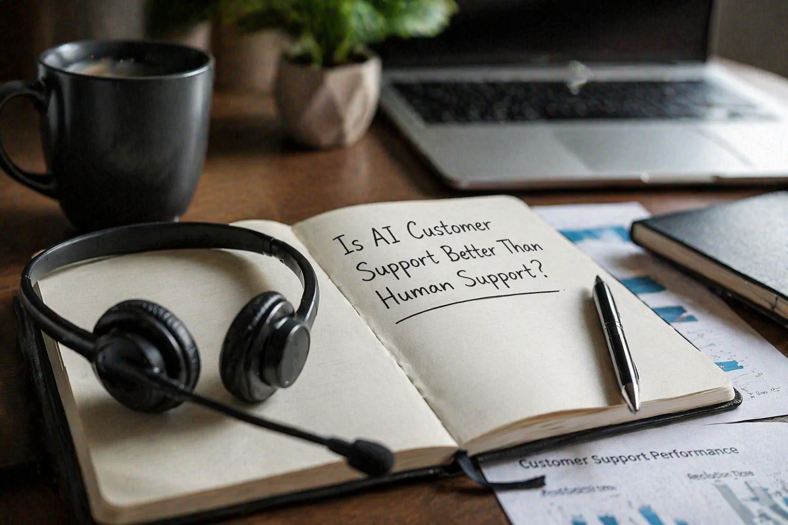 Notebook displaying “Is AI Customer Support Better Than Human Support?” with headset, coffee mug, and desk setup in a modern workspace