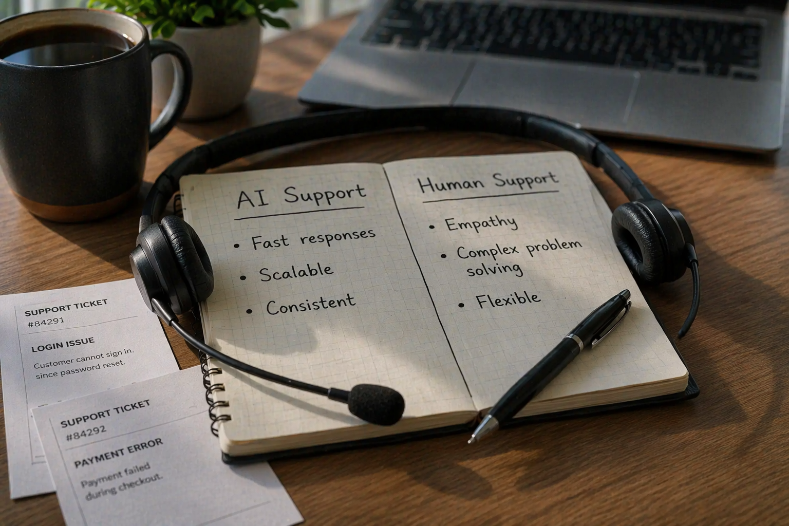 Notebook comparing AI Support and Human Support with headset, support tickets, and desk setup in a customer service workspace